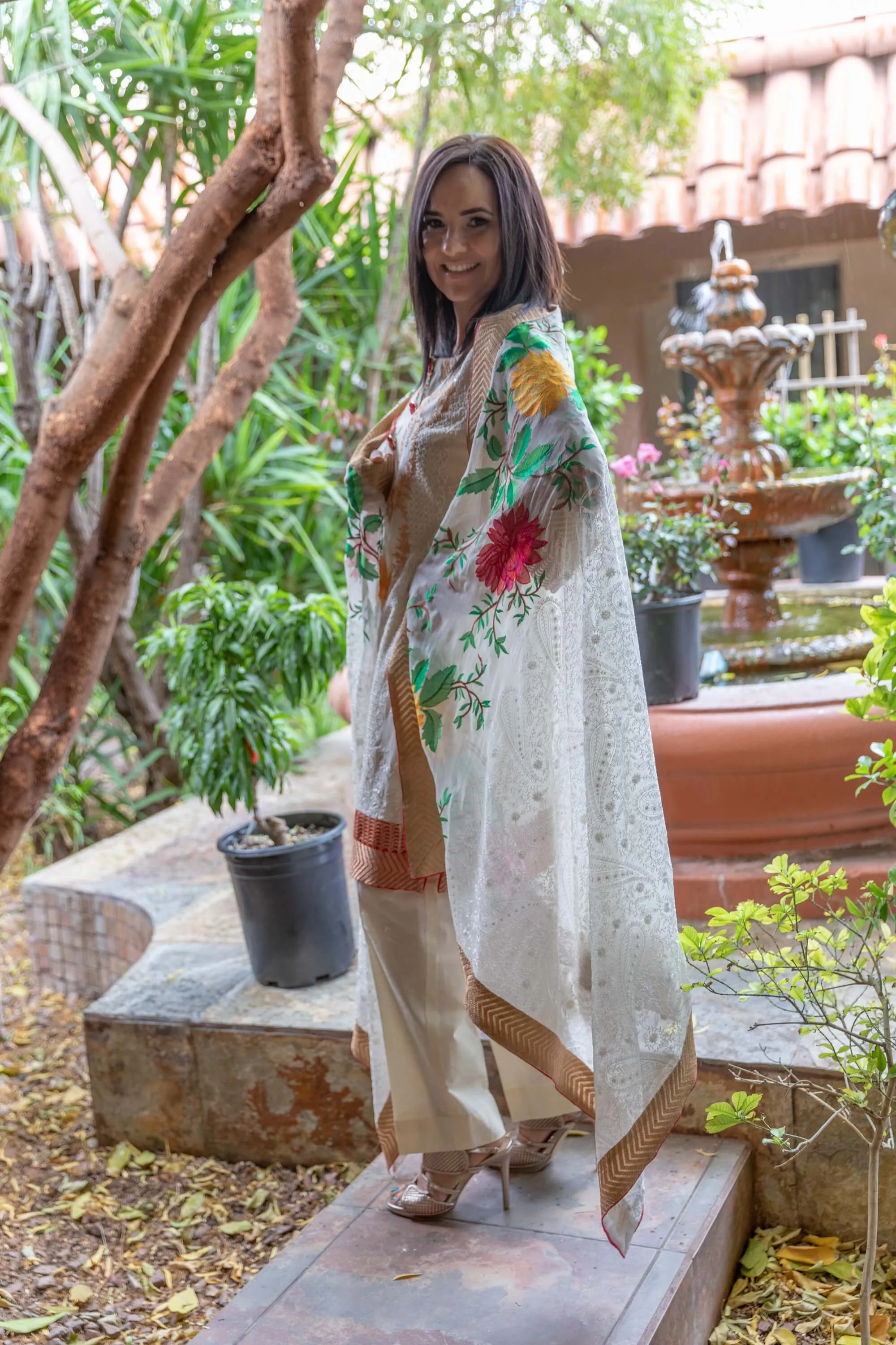 Gul Ahmed Beige Chiffon Embroidery Suit-Salwar Kameez