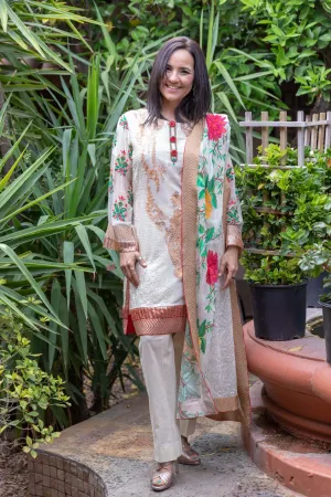 Gul Ahmed Beige Chiffon Embroidery Suit-Salwar Kameez