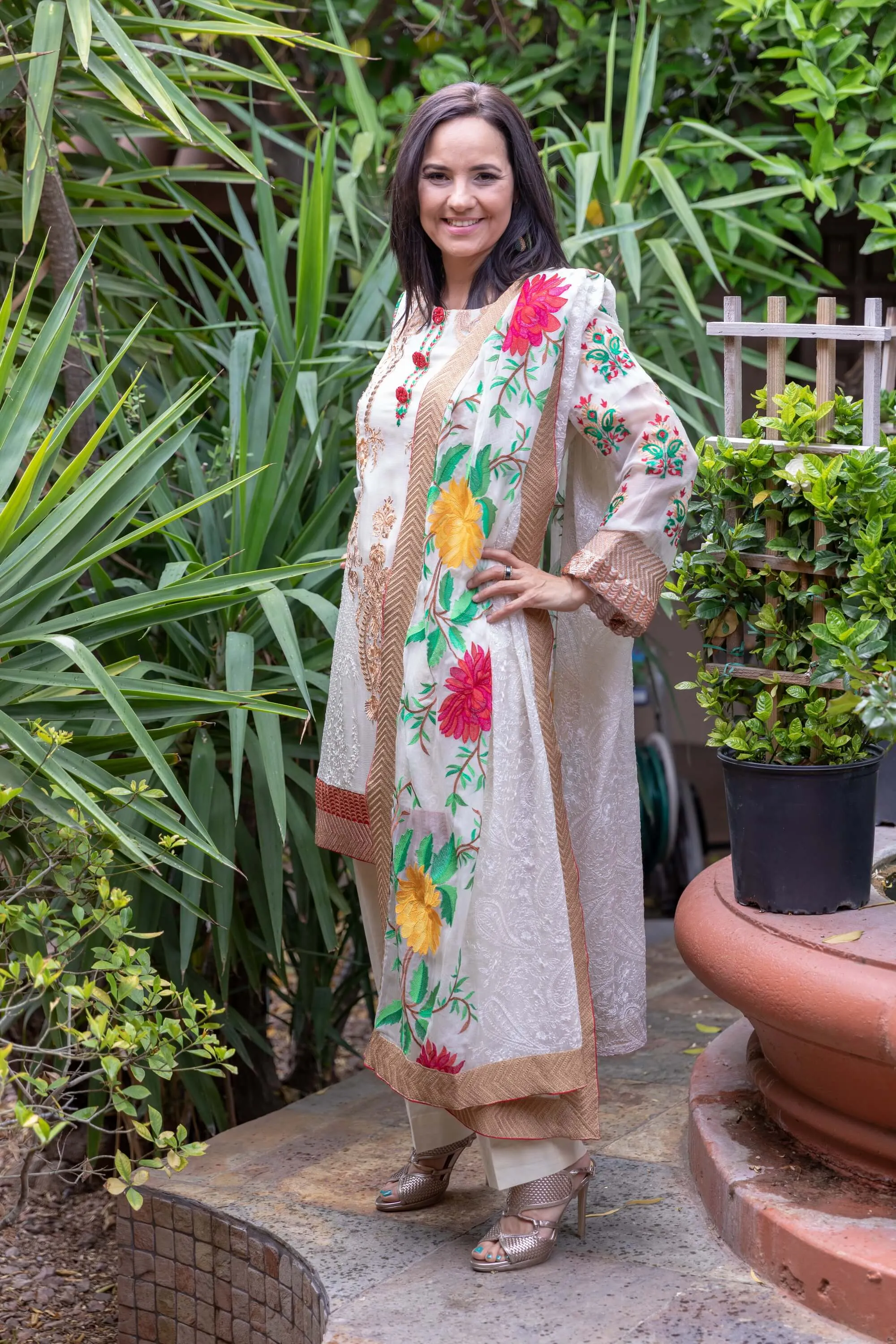 Gul Ahmed Beige Chiffon Embroidery Suit-Salwar Kameez