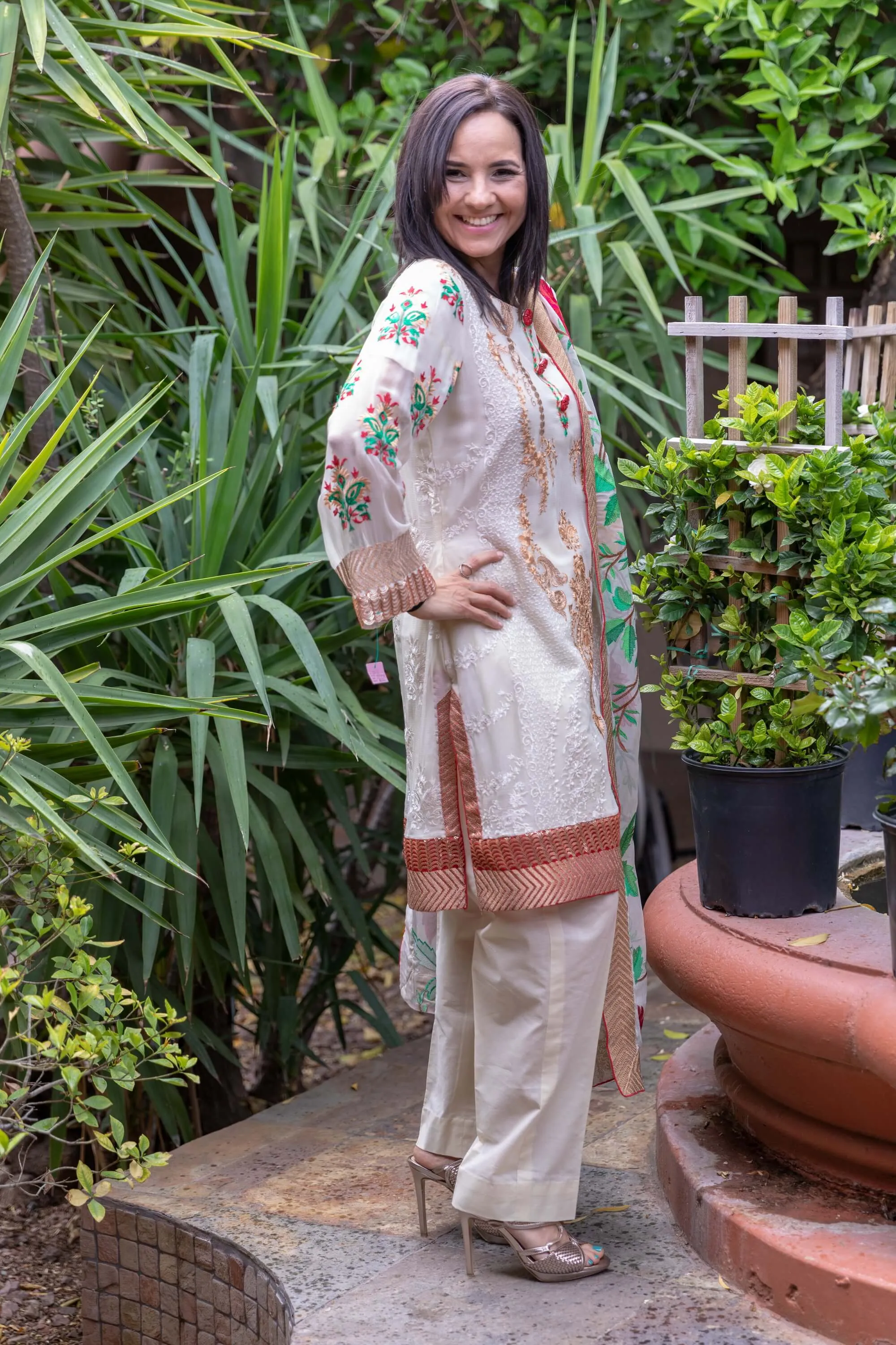Gul Ahmed Beige Chiffon Embroidery Suit-Salwar Kameez