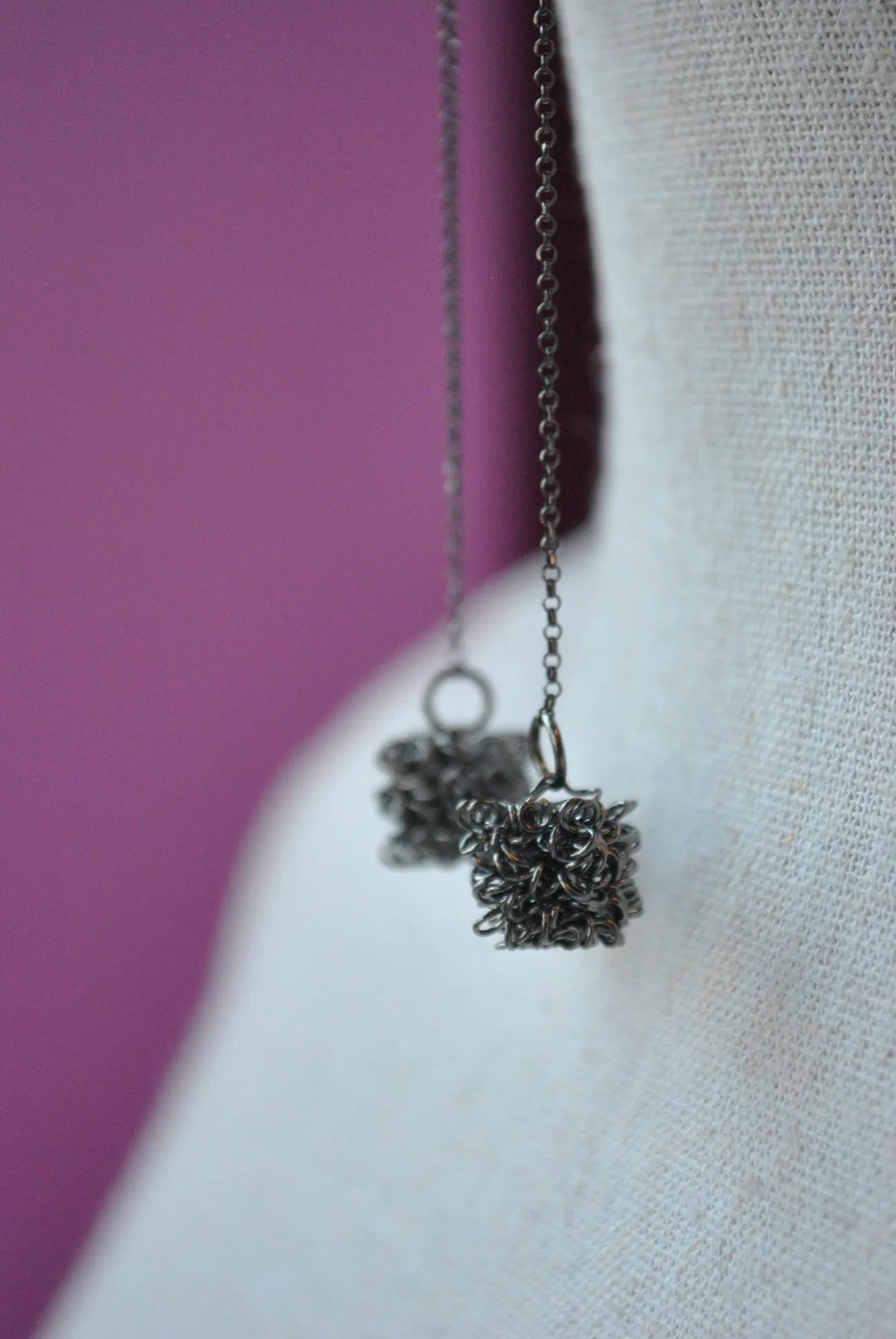 GUNMETAL WIRE CUBES AND BLACK ONYX LONG DELICATE EARRINGS