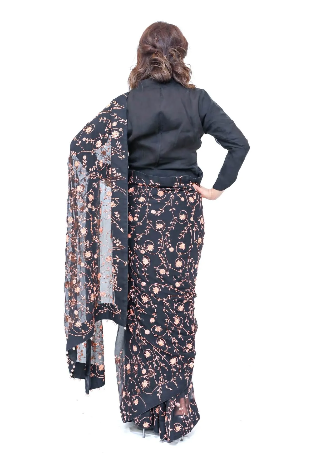 Handmade Embroidery Sari (Saree) Peach Roses