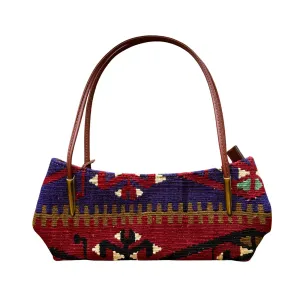 Handmade Kilim Handbag with Short Leather Cording Straps | 13 x 5"