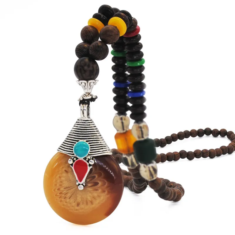 Handmade Original Ethnic Style Wooden Beads Sweater Chain Nepal Beads Accessories Literary Necklace Round Pendant Accessories
