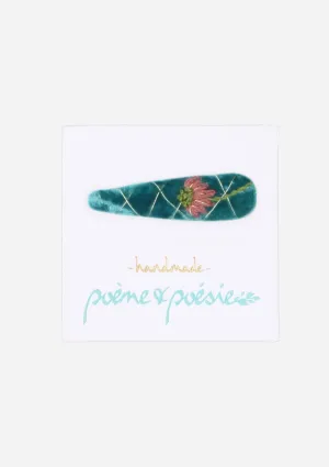 Handmade Velvet Barrette with Drooping Flower, Teal