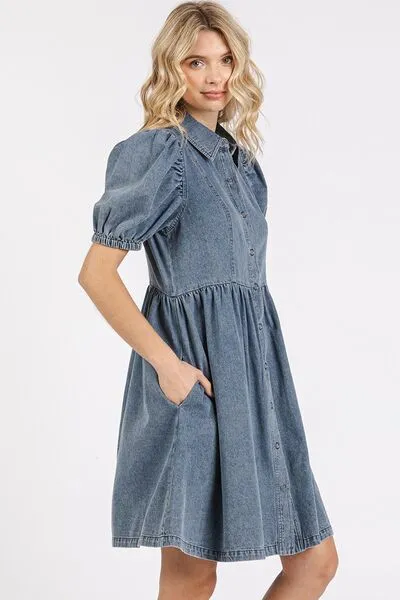 Hazel Blues® |  Mittoshop Button Down Puff Sleeve Denim Dress