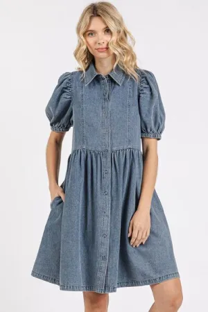 Hazel Blues® |  Mittoshop Button Down Puff Sleeve Denim Dress