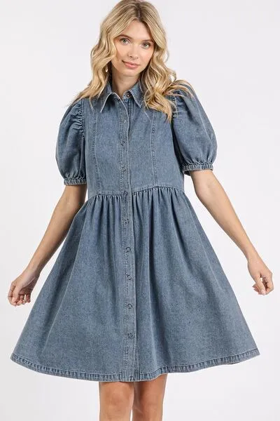 Hazel Blues® |  Mittoshop Button Down Puff Sleeve Denim Dress