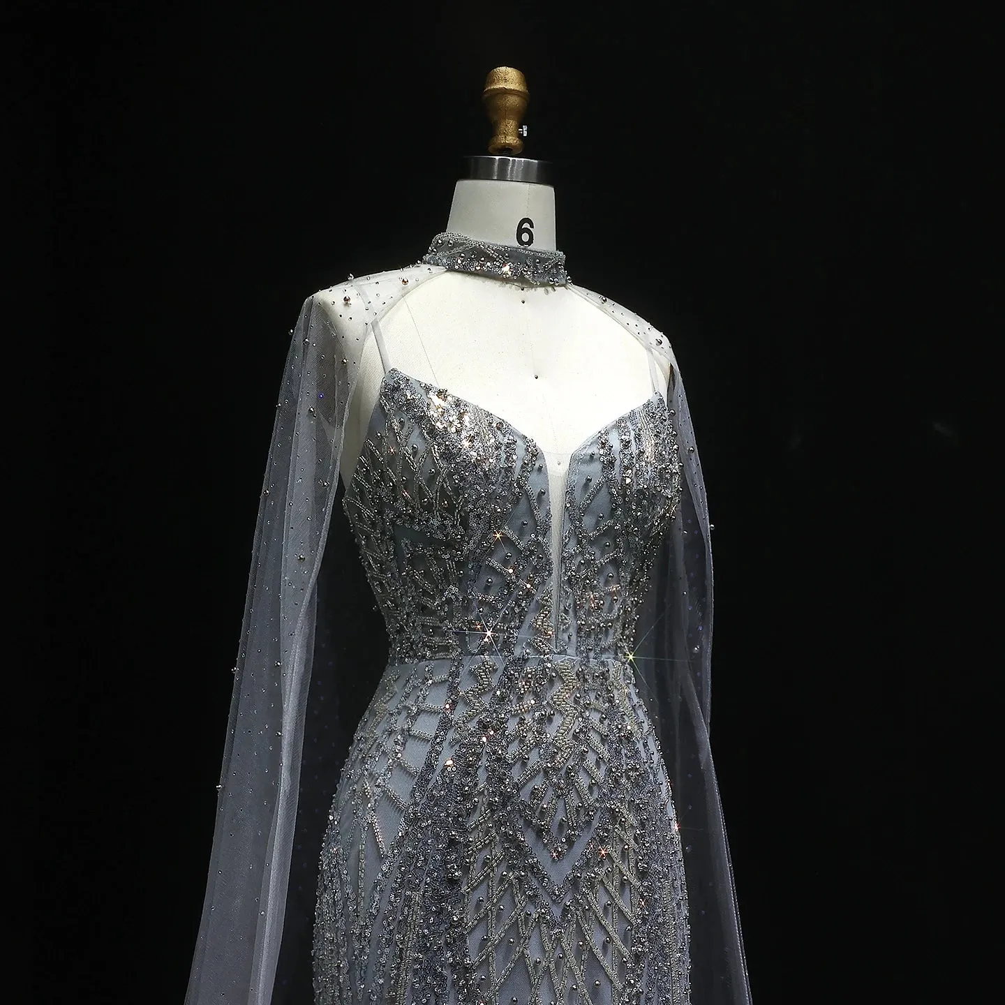 HELEN Luxury Glamorous Beaded Evening Gown with Sheer Cape Side Slit