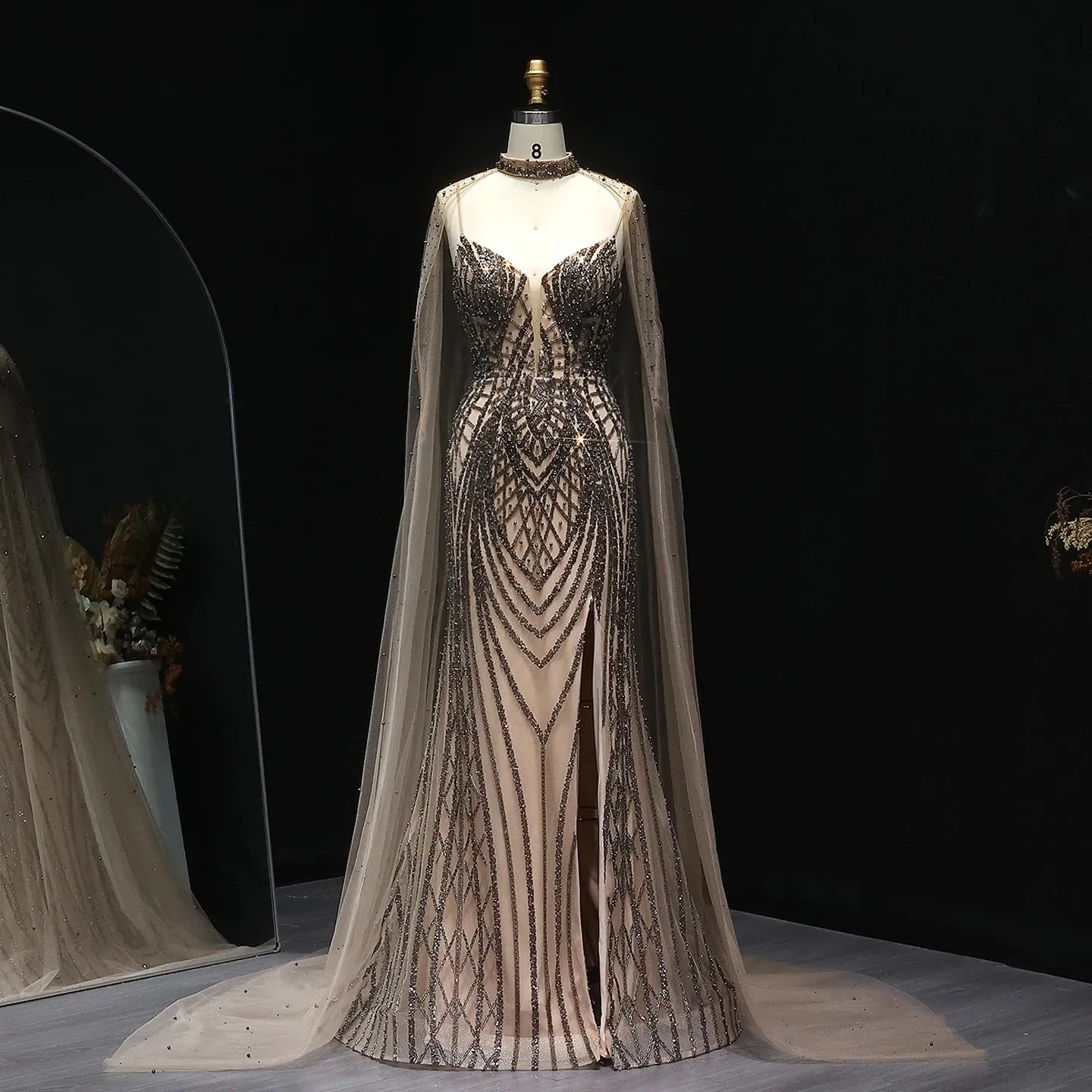 HELEN Luxury Glamorous Beaded Evening Gown with Sheer Cape Side Slit