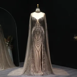 HELEN Luxury Glamorous Beaded Evening Gown with Sheer Cape Side Slit