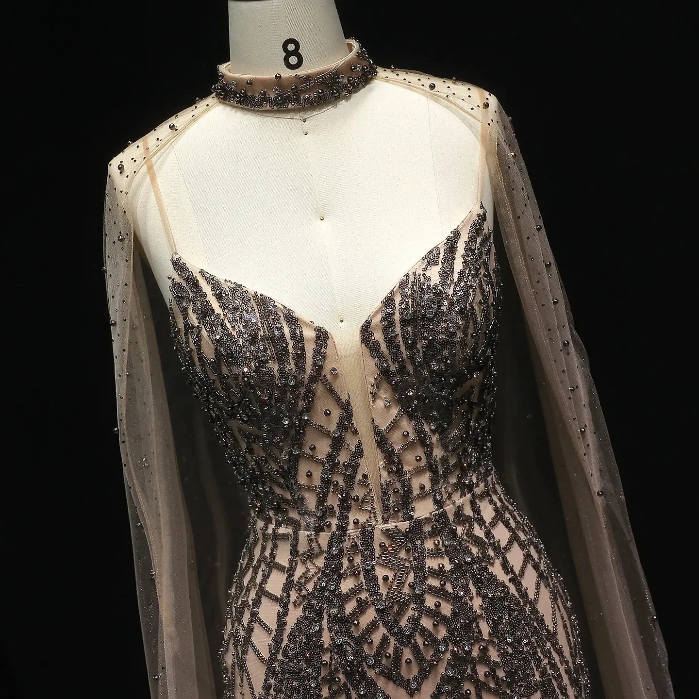 HELEN Luxury Glamorous Beaded Evening Gown with Sheer Cape Side Slit