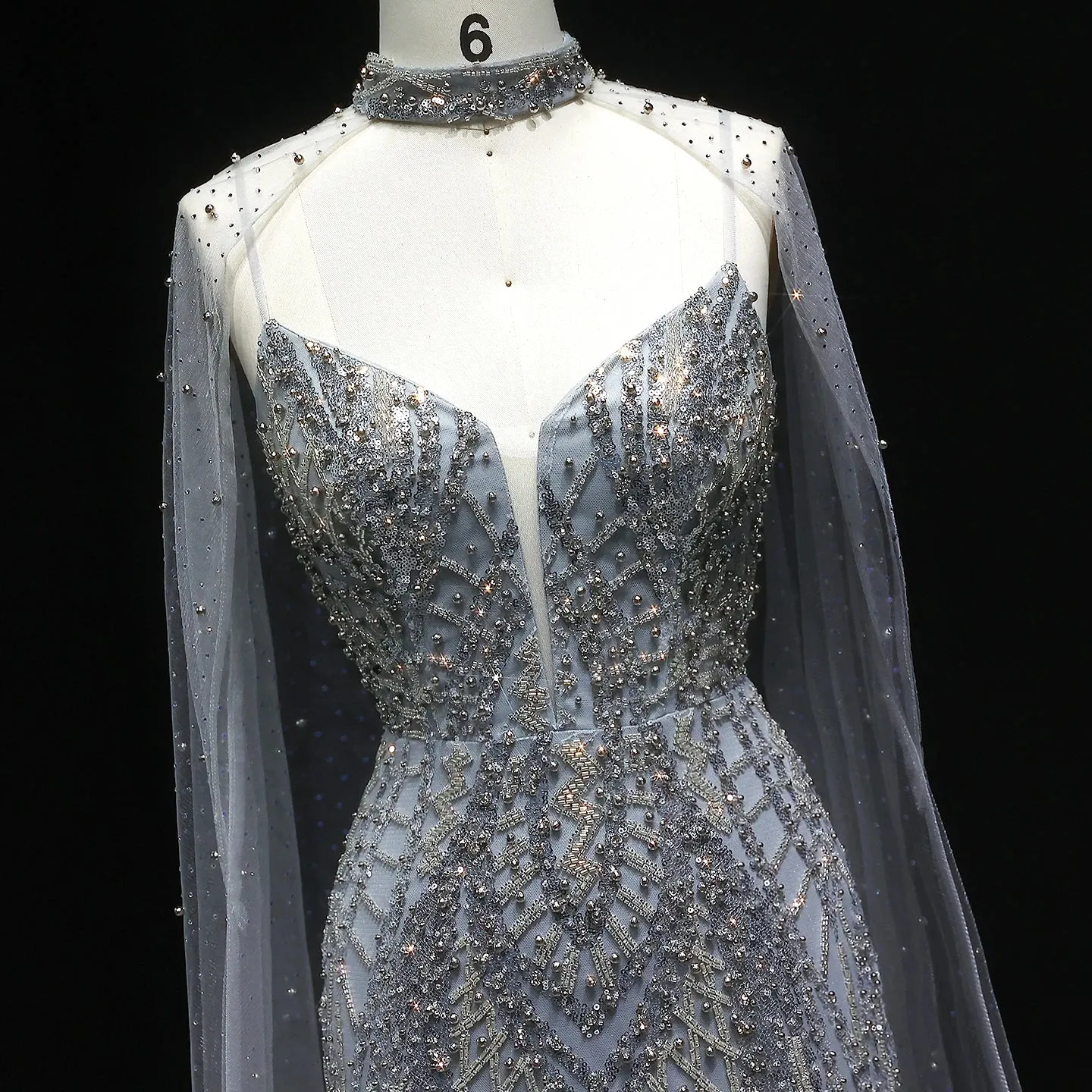 HELEN Luxury Glamorous Beaded Evening Gown with Sheer Cape Side Slit