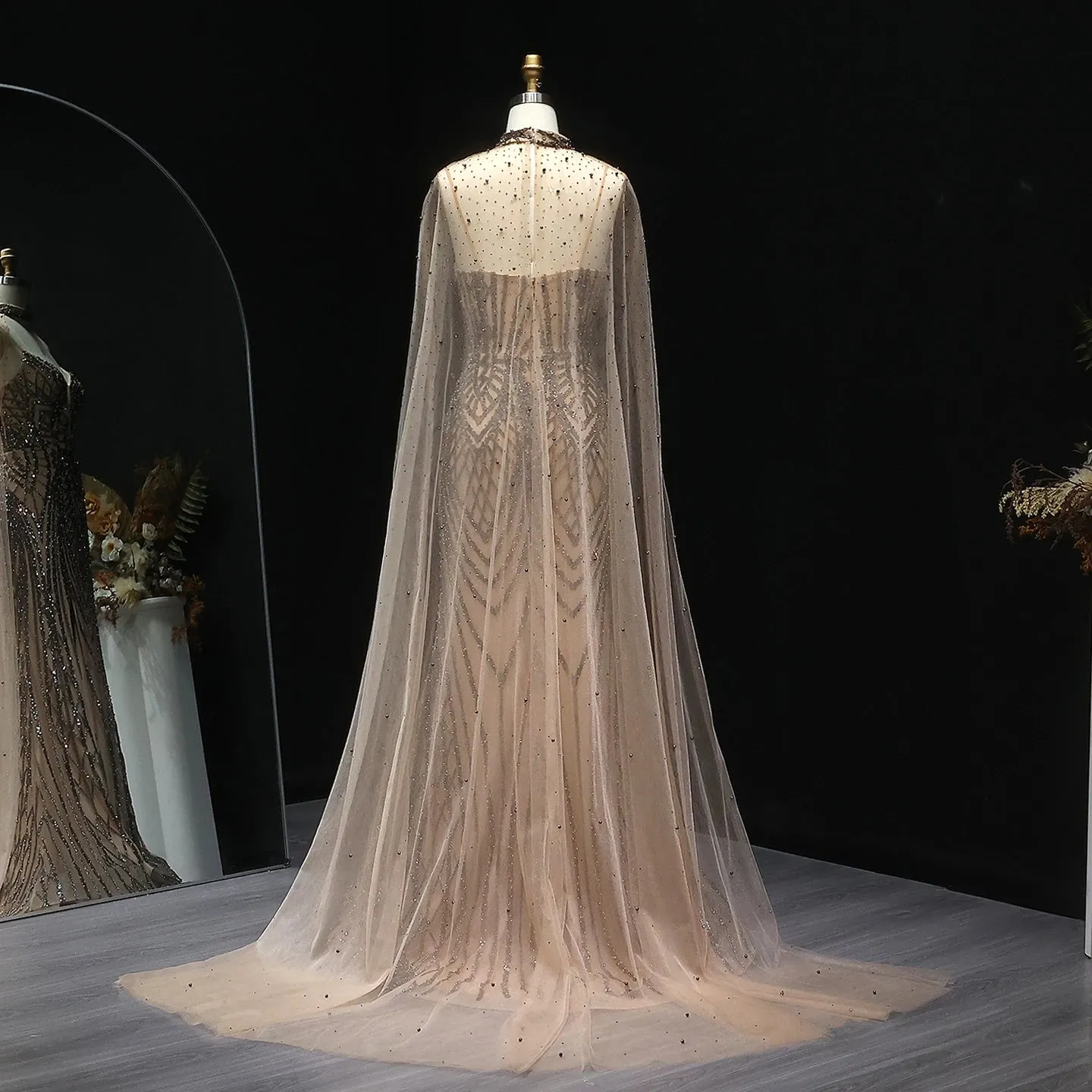 HELEN Luxury Glamorous Beaded Evening Gown with Sheer Cape Side Slit