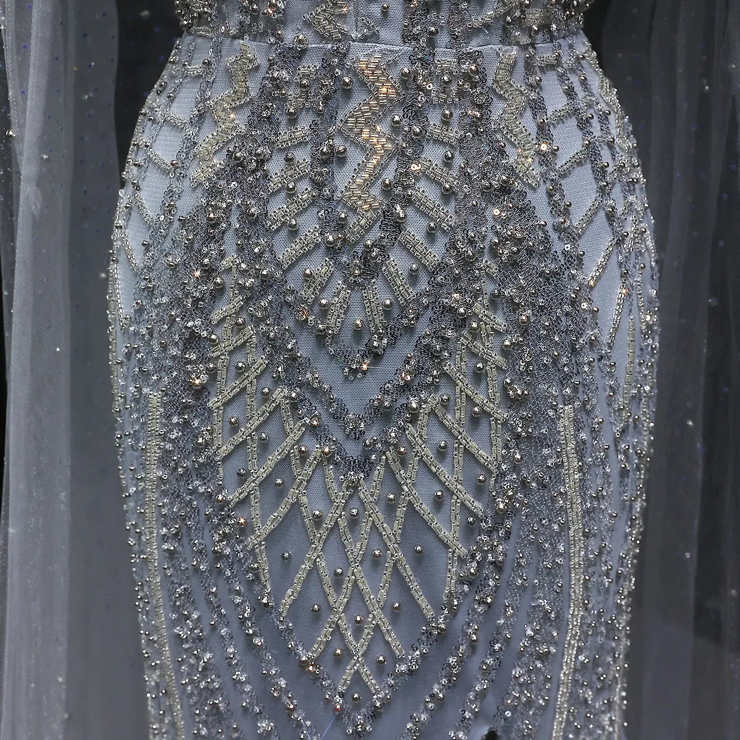 HELEN Luxury Glamorous Beaded Evening Gown with Sheer Cape Side Slit