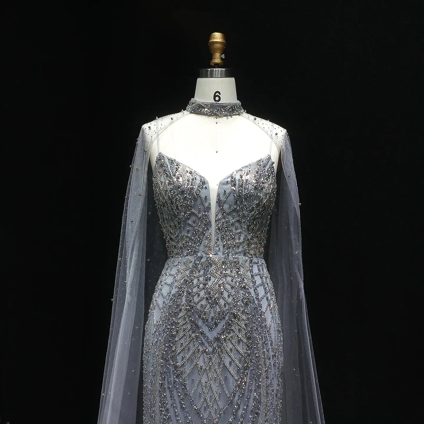 HELEN Luxury Glamorous Beaded Evening Gown with Sheer Cape Side Slit