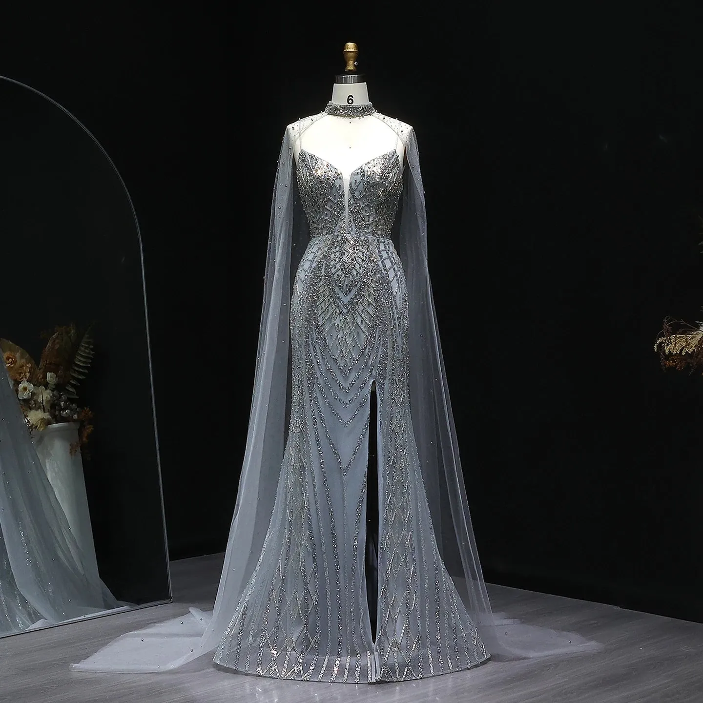 HELEN Luxury Glamorous Beaded Evening Gown with Sheer Cape Side Slit
