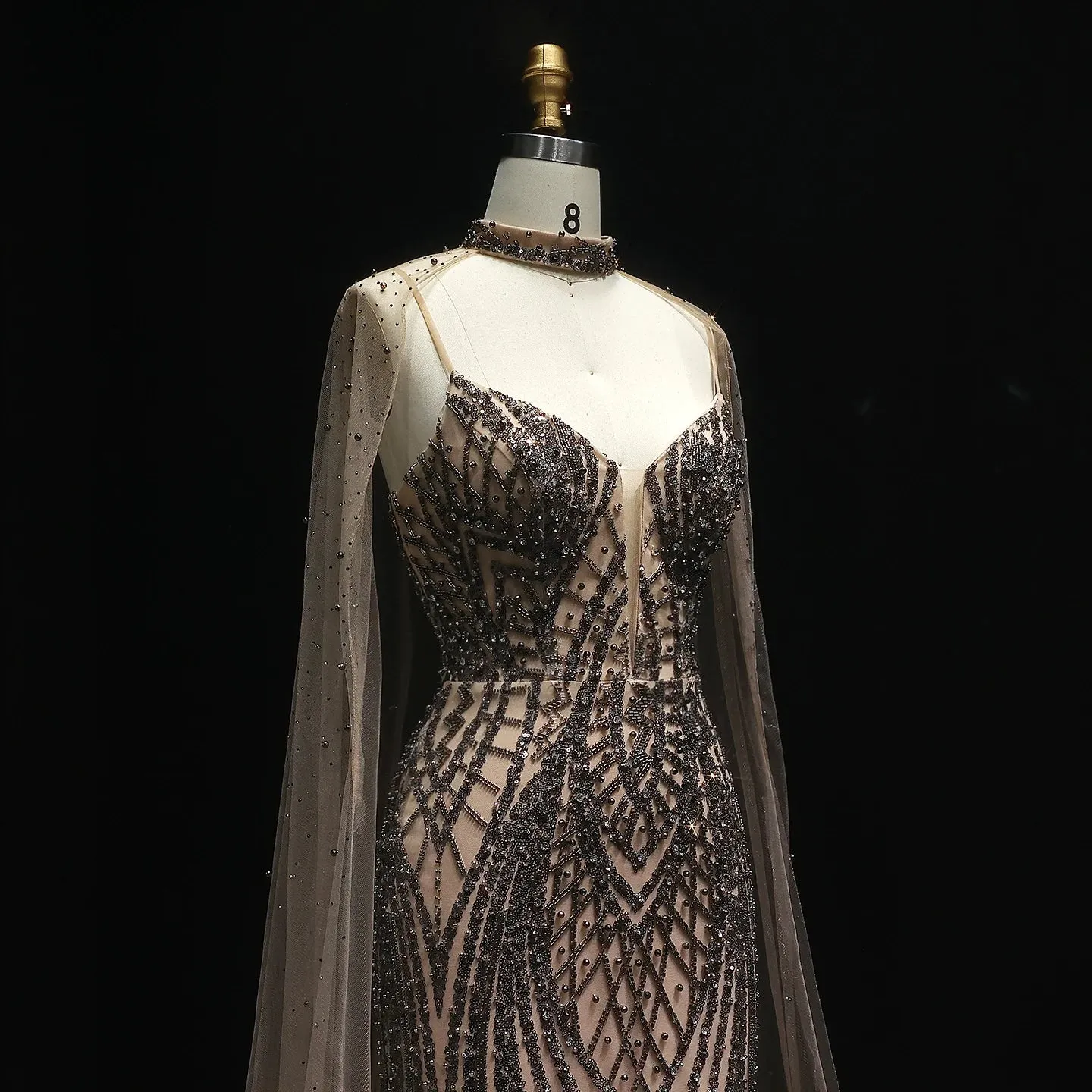 HELEN Luxury Glamorous Beaded Evening Gown with Sheer Cape Side Slit