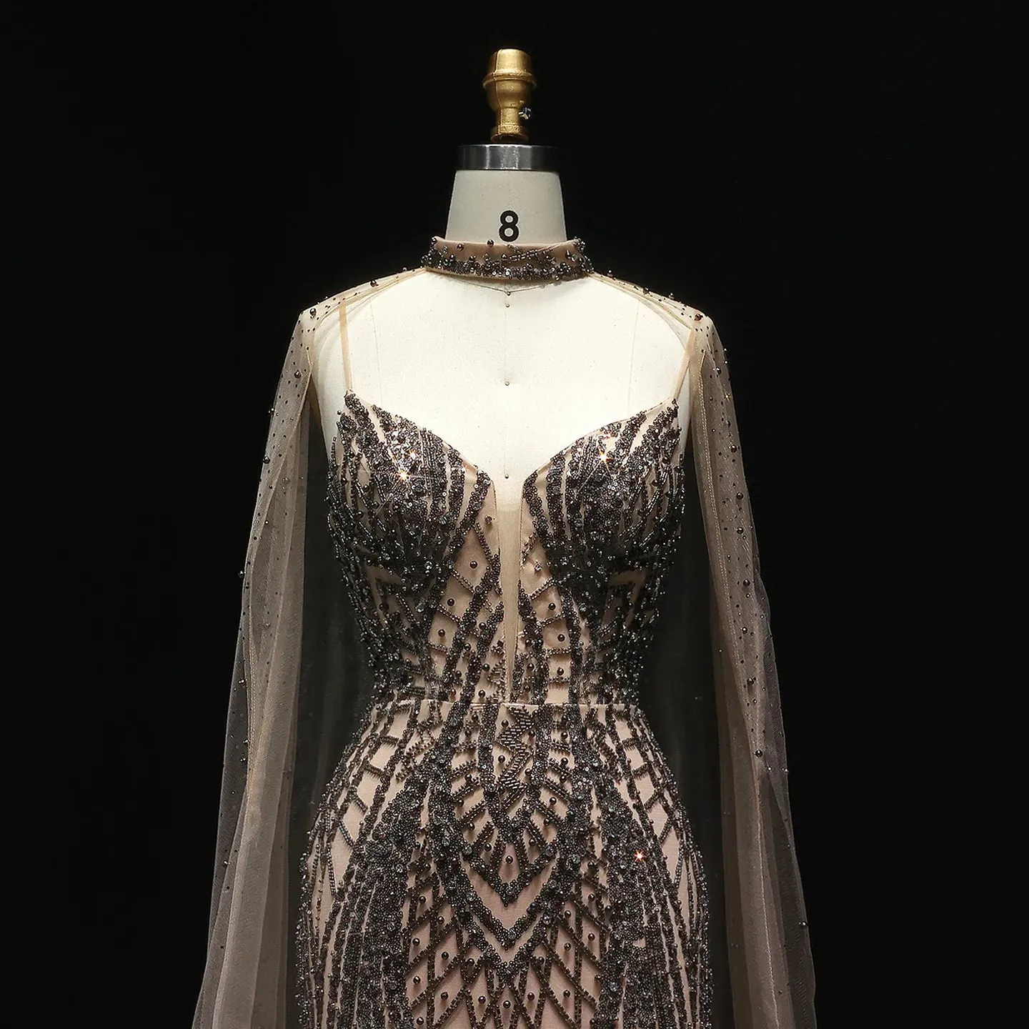 HELEN Luxury Glamorous Beaded Evening Gown with Sheer Cape Side Slit