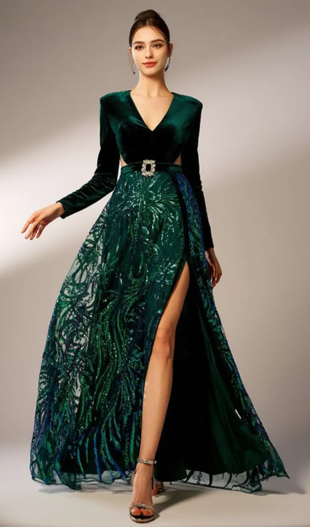 high slit sequin long sleeve maxi dress in green
