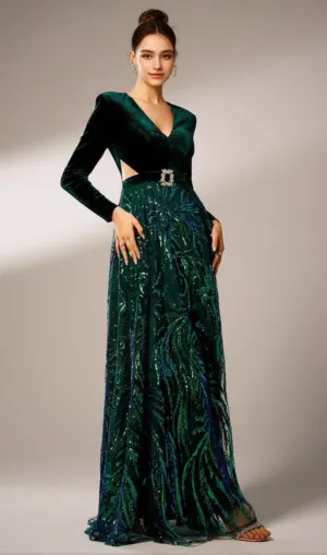 high slit sequin long sleeve maxi dress in green