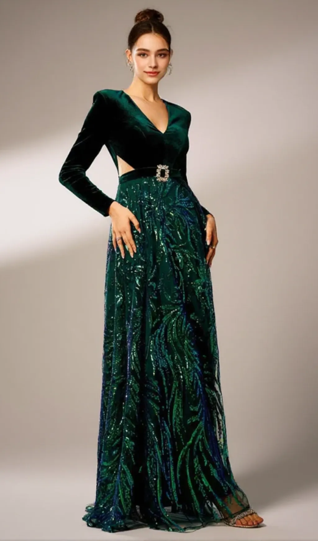 high slit sequin long sleeve maxi dress in green