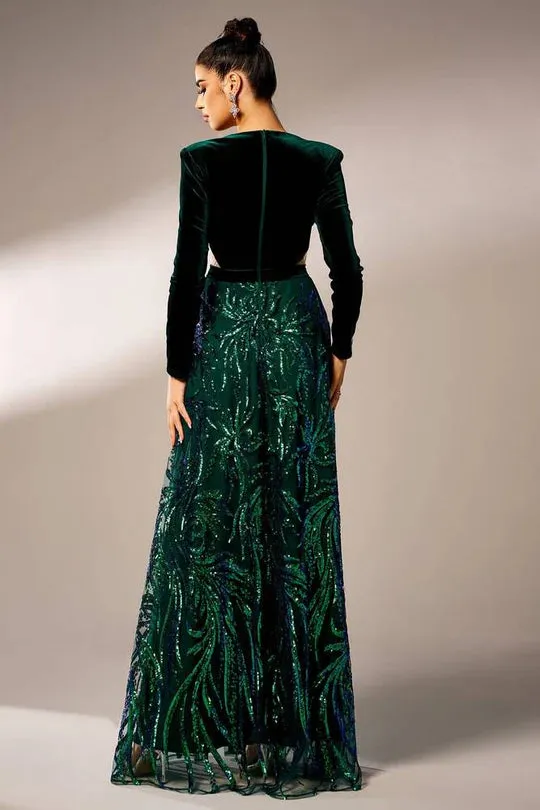 high slit sequin long sleeve maxi dress in green