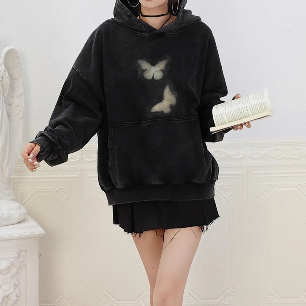 High Street Butterfly Print Washing Hoodie