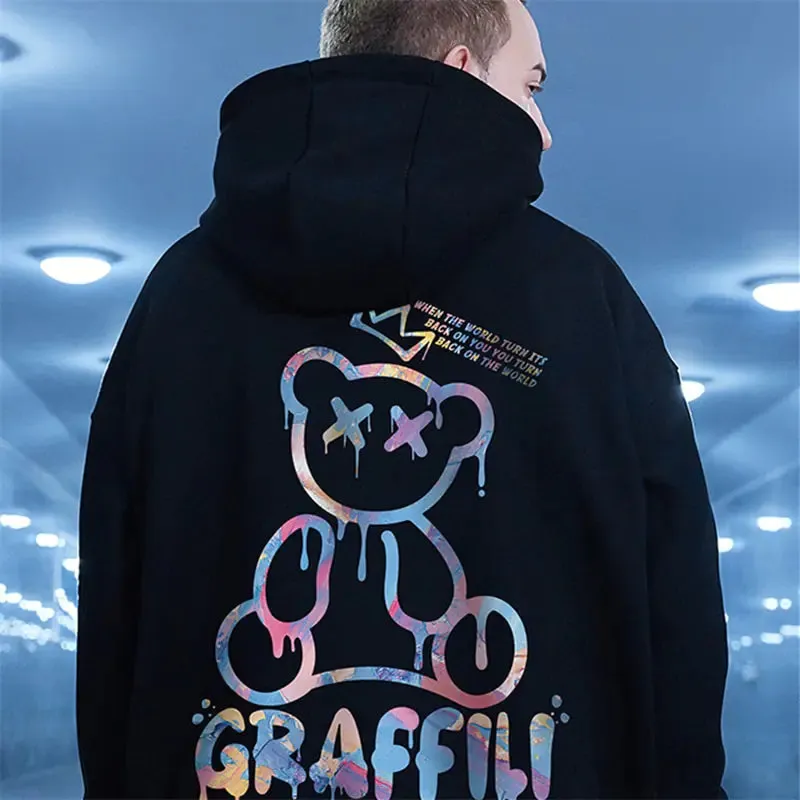 High Street Graffiti Bear Print Men's Fleece Hoodie