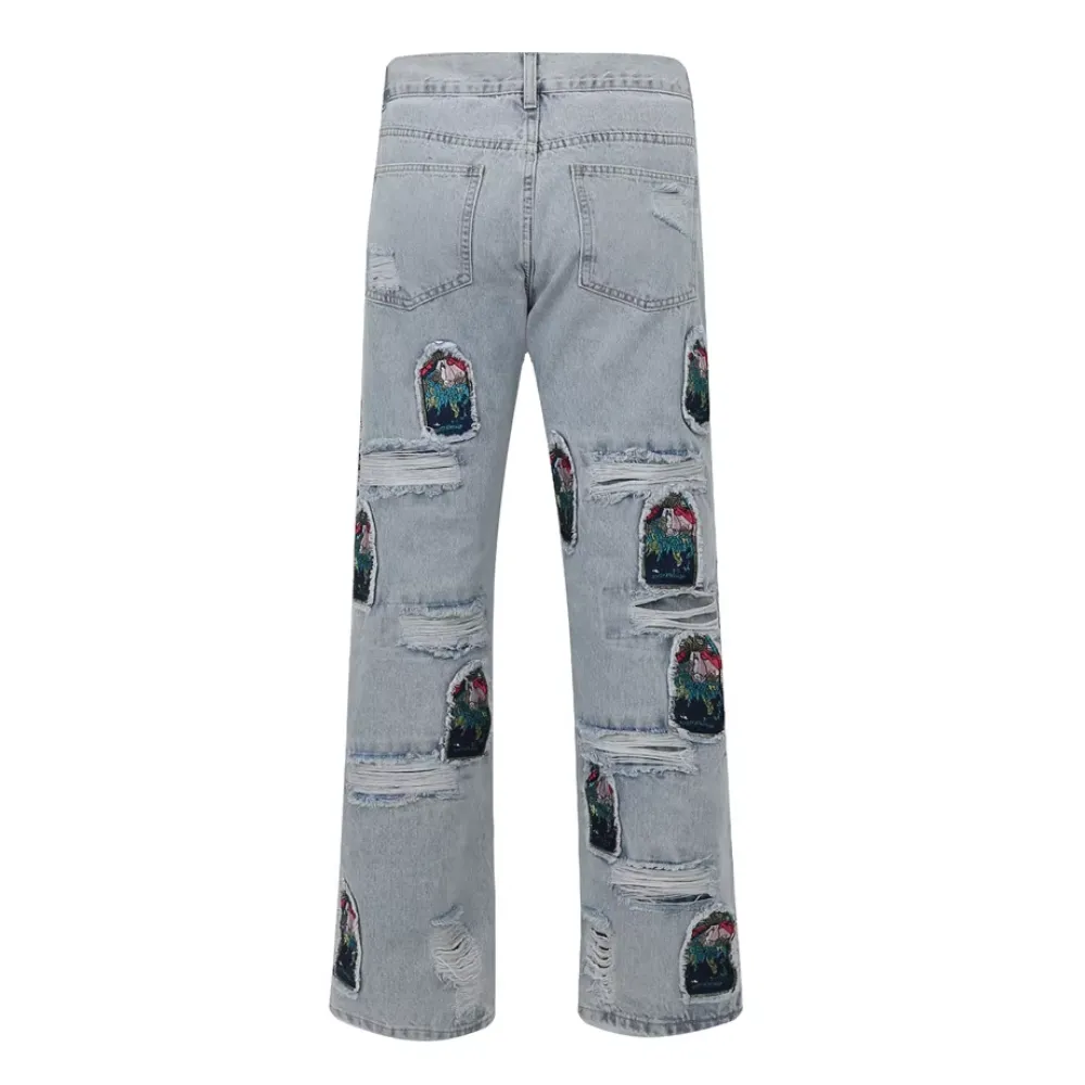 High Street Patch Embroidery Ripped Jeans