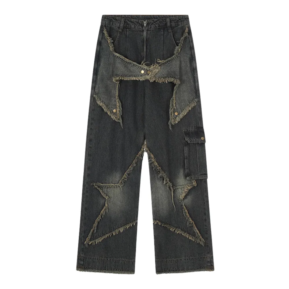 🔥High Street Pentagram Patched Raw Edge Jeans