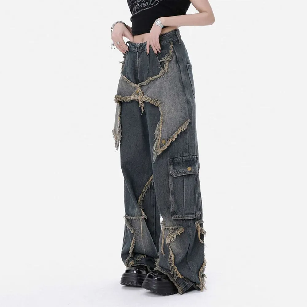 🔥High Street Pentagram Patched Raw Edge Jeans