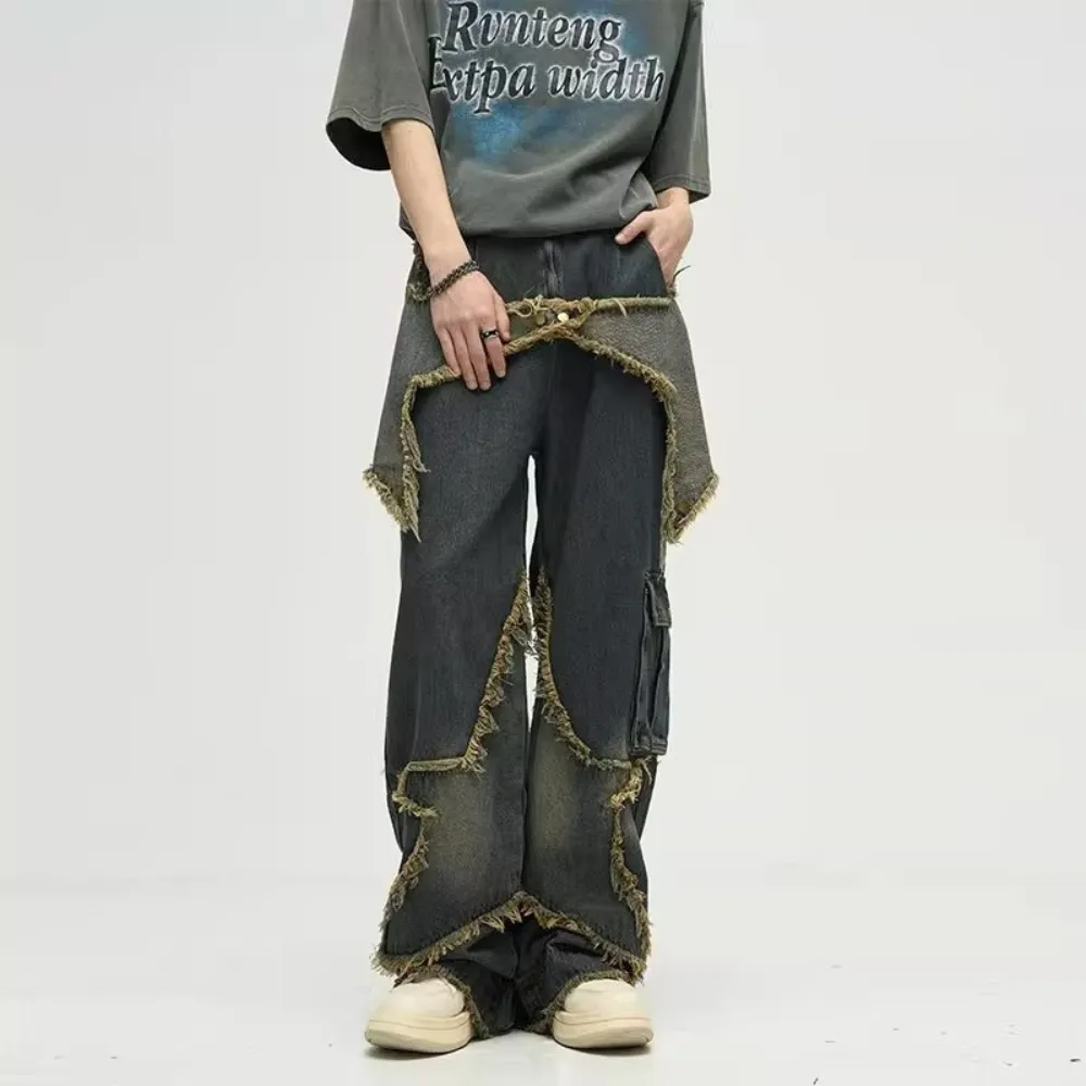 🔥High Street Pentagram Patched Raw Edge Jeans