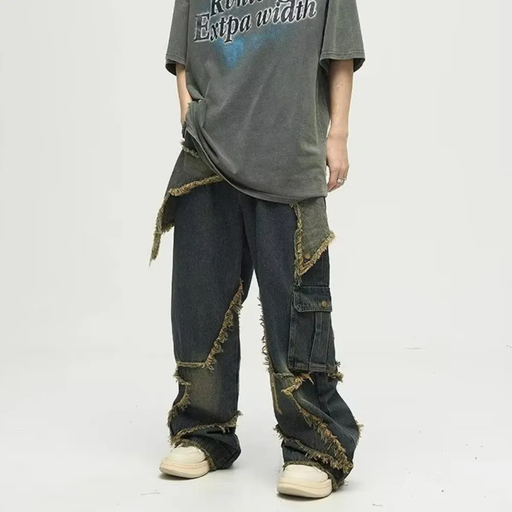🔥High Street Pentagram Patched Raw Edge Jeans
