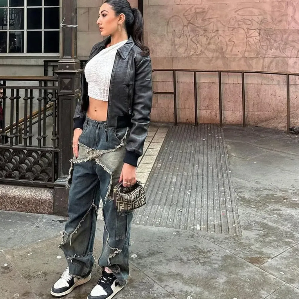 🔥High Street Pentagram Patched Raw Edge Jeans