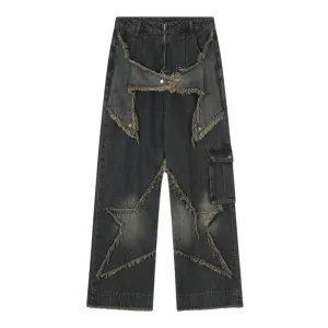 🔥High Street Pentagram Patched Raw Edge Jeans