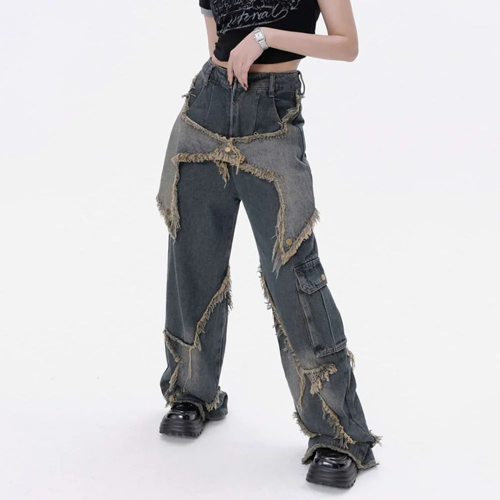 🔥High Street Pentagram Patched Raw Edge Jeans