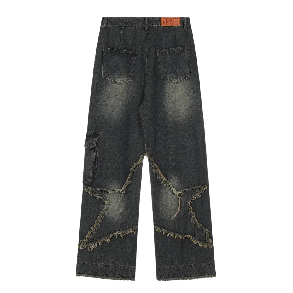 🔥High Street Pentagram Patched Raw Edge Jeans