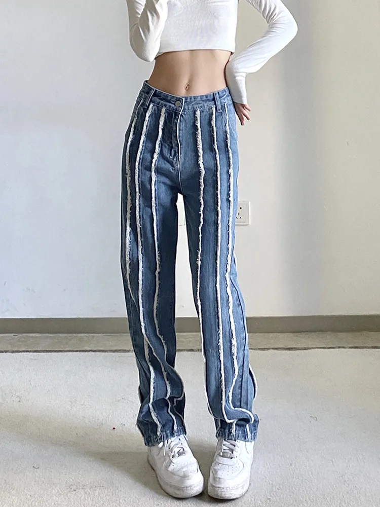 High Waist Patchwork Jeans Women Baggy Wide Leg Pants Streetwear