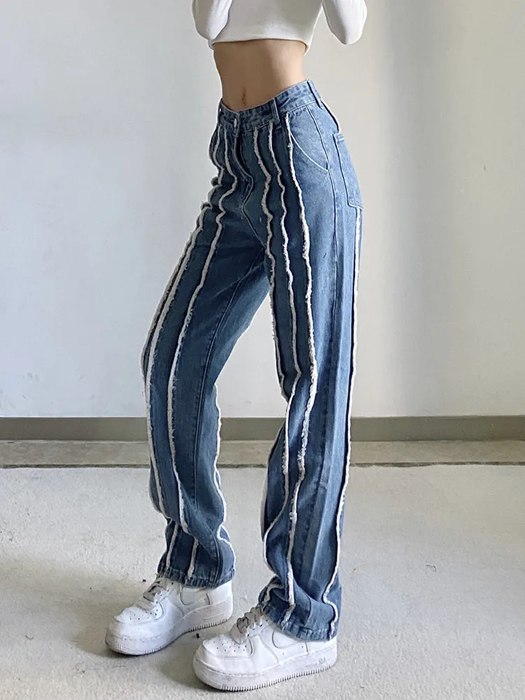 High Waist Patchwork Jeans Women Baggy Wide Leg Pants Streetwear
