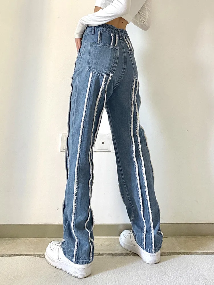High Waist Patchwork Jeans Women Baggy Wide Leg Pants Streetwear
