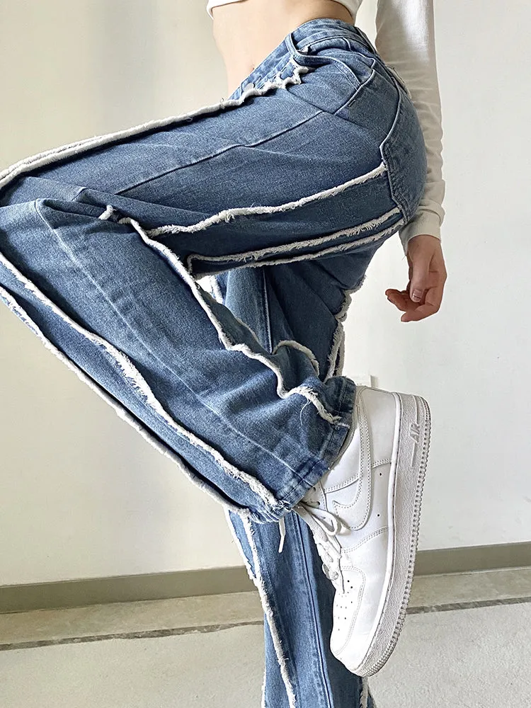 High Waist Patchwork Jeans Women Baggy Wide Leg Pants Streetwear