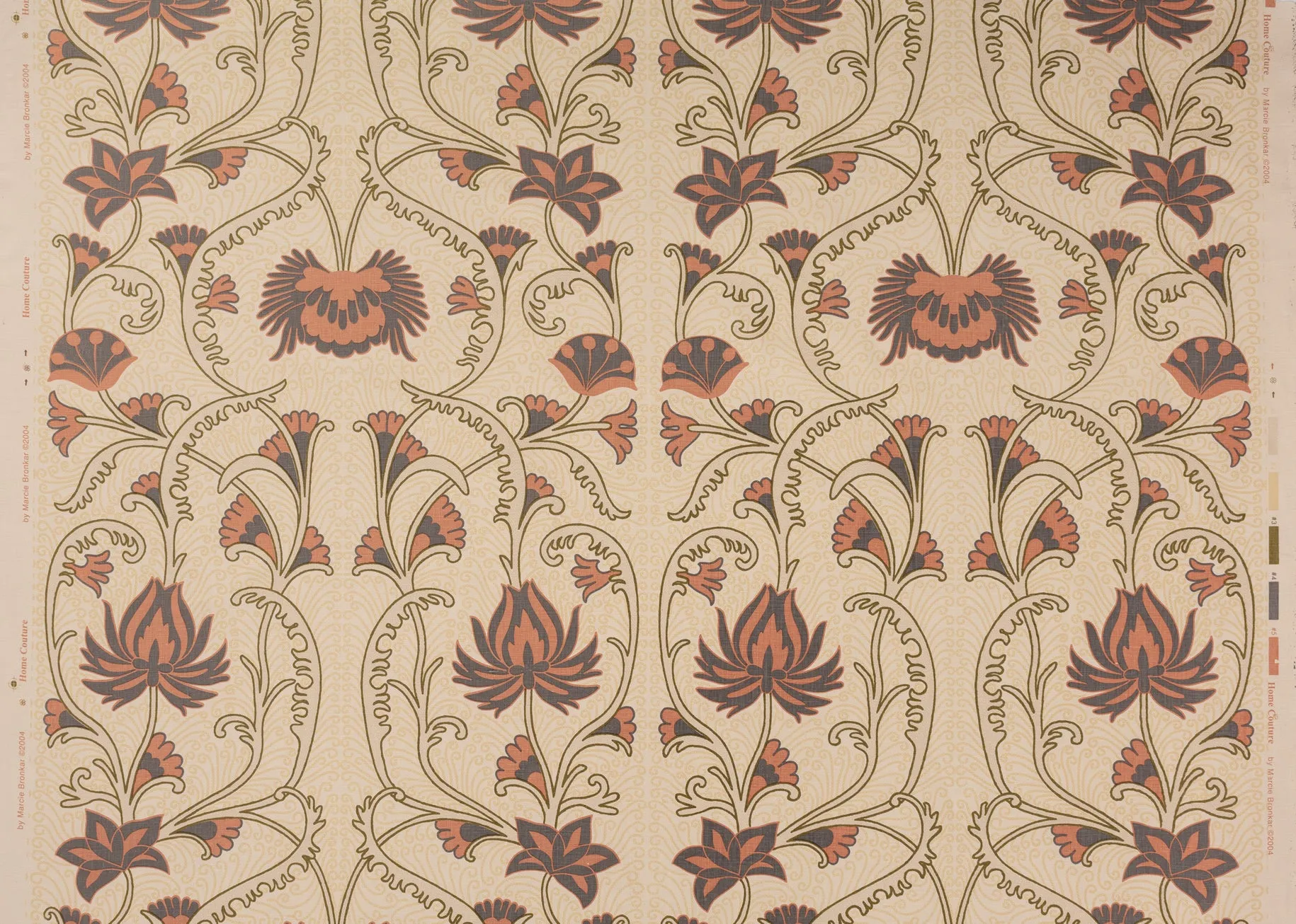 Home Couture Fabric: Contessa - Custom Salmon / Coal / Beige on Tan Washed 100% Linen