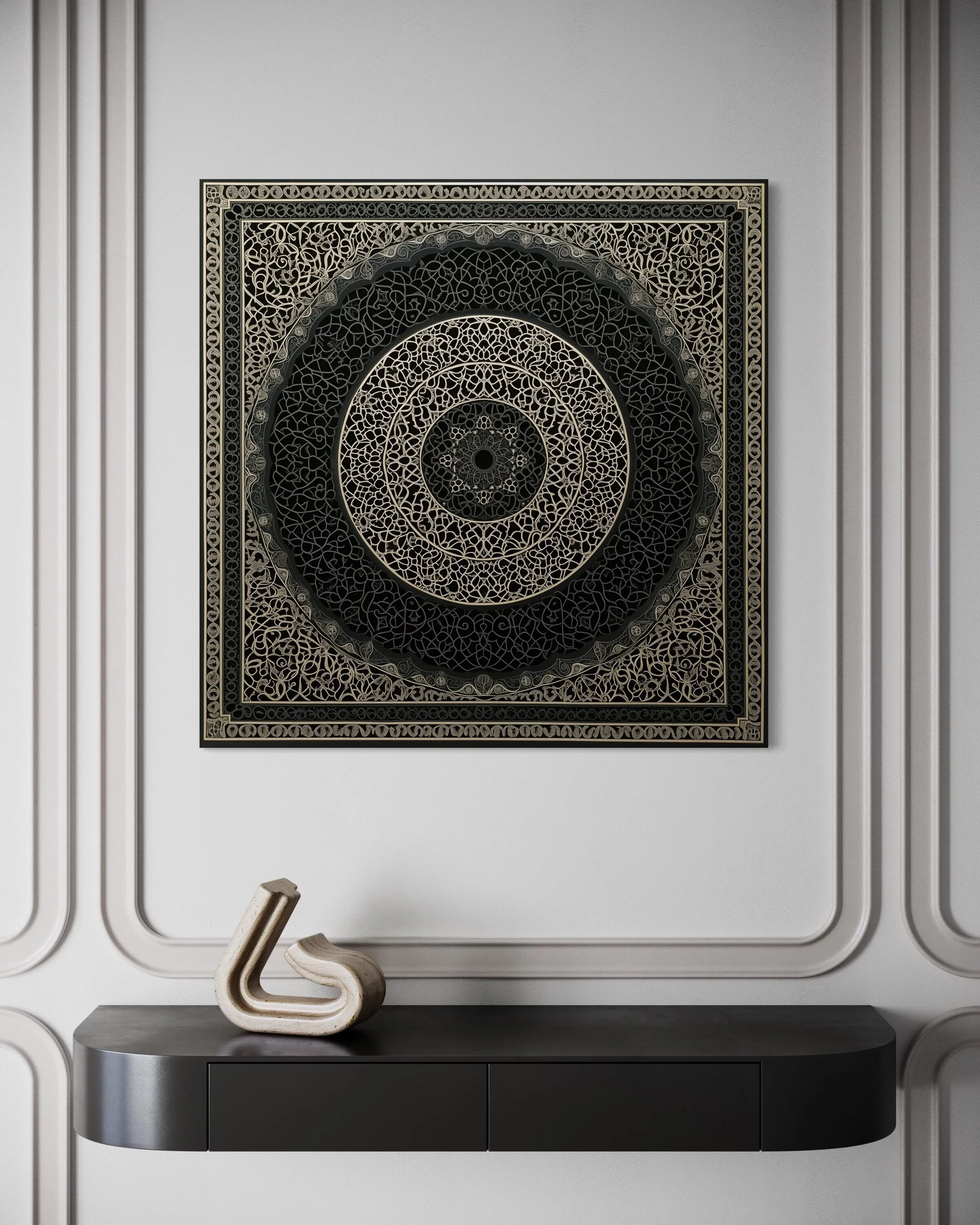Indian Mandala Boho Black Grey  Framed Canvas Wall Art