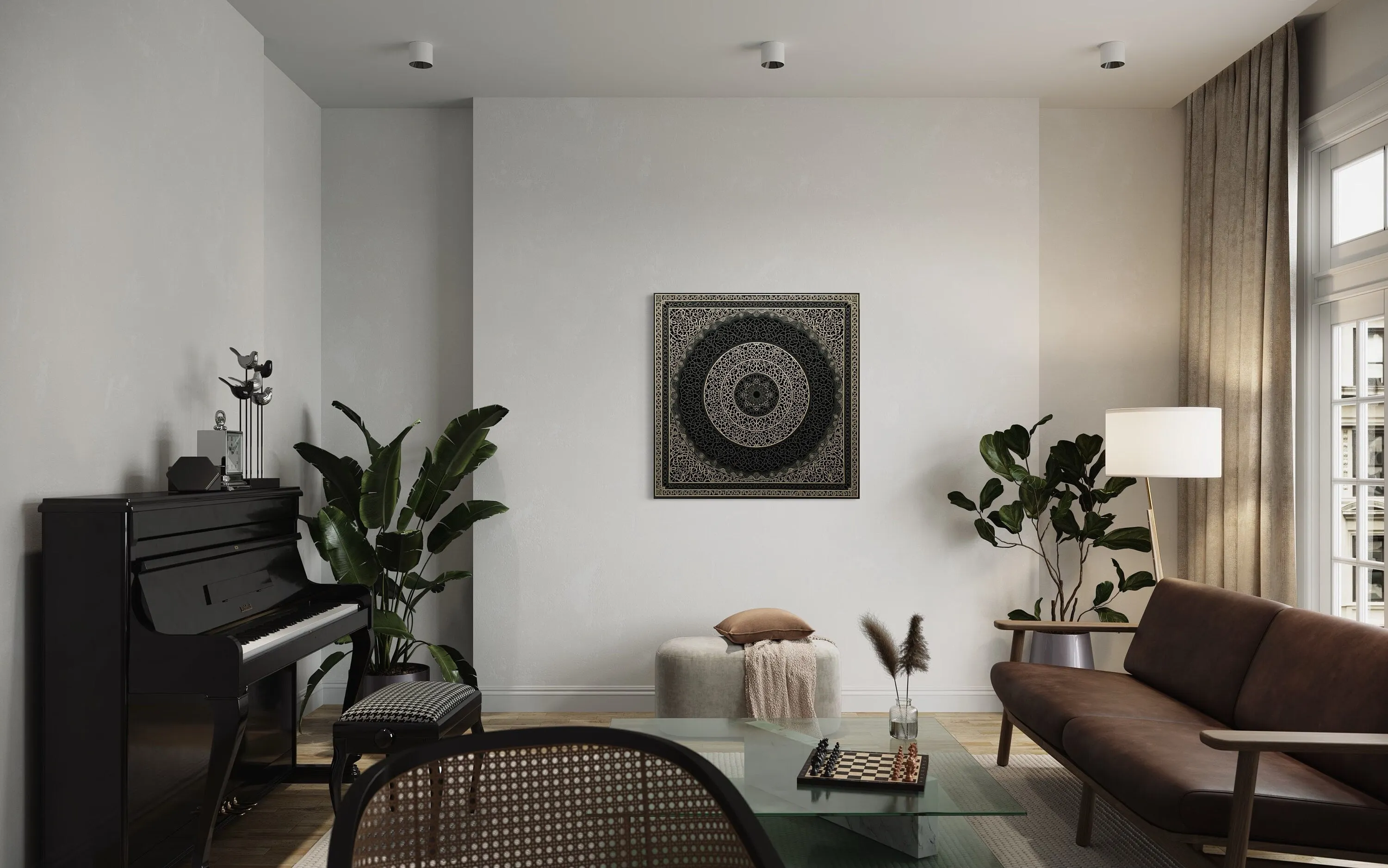 Indian Mandala Boho Black Grey  Framed Canvas Wall Art