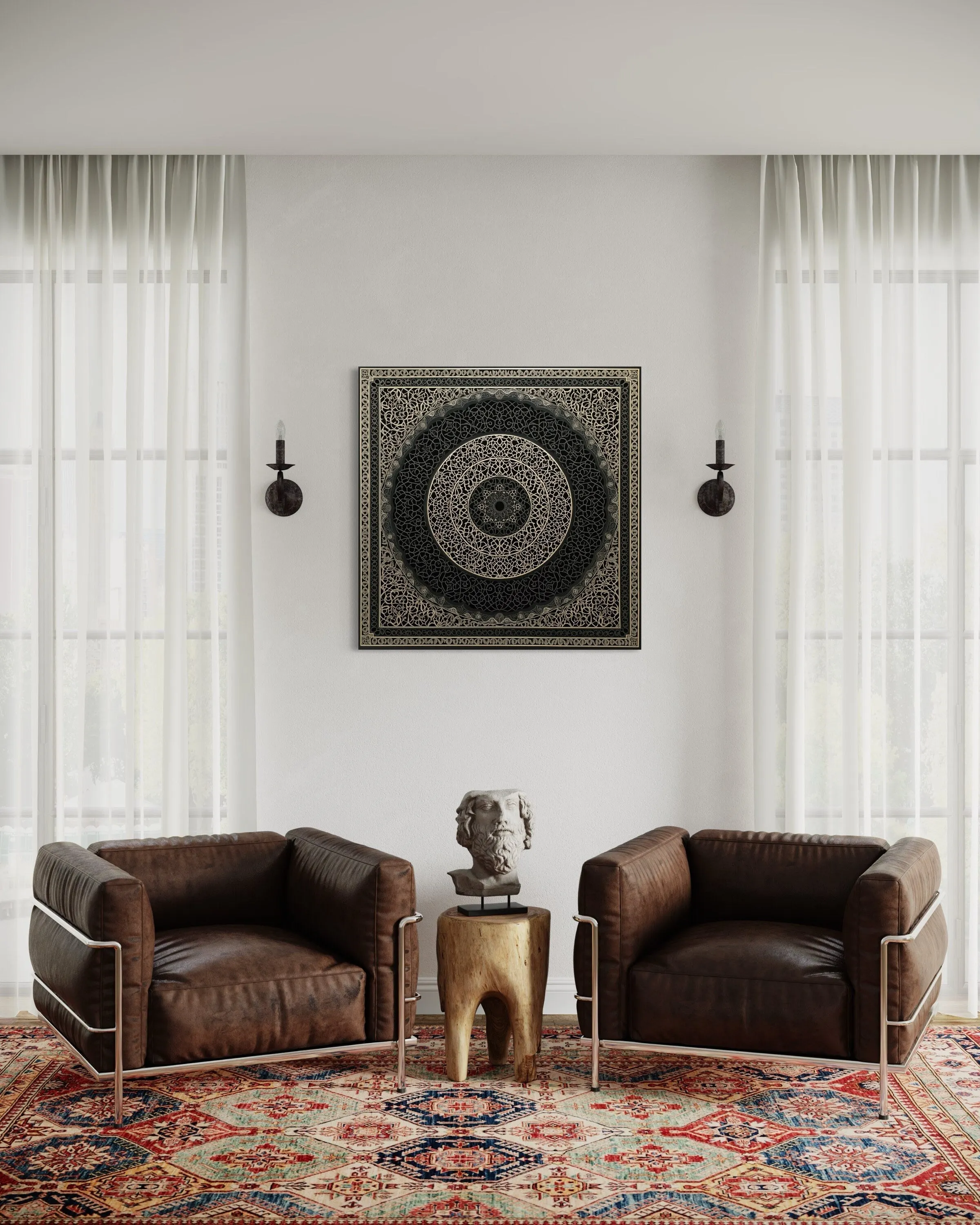 Indian Mandala Boho Black Grey  Framed Canvas Wall Art