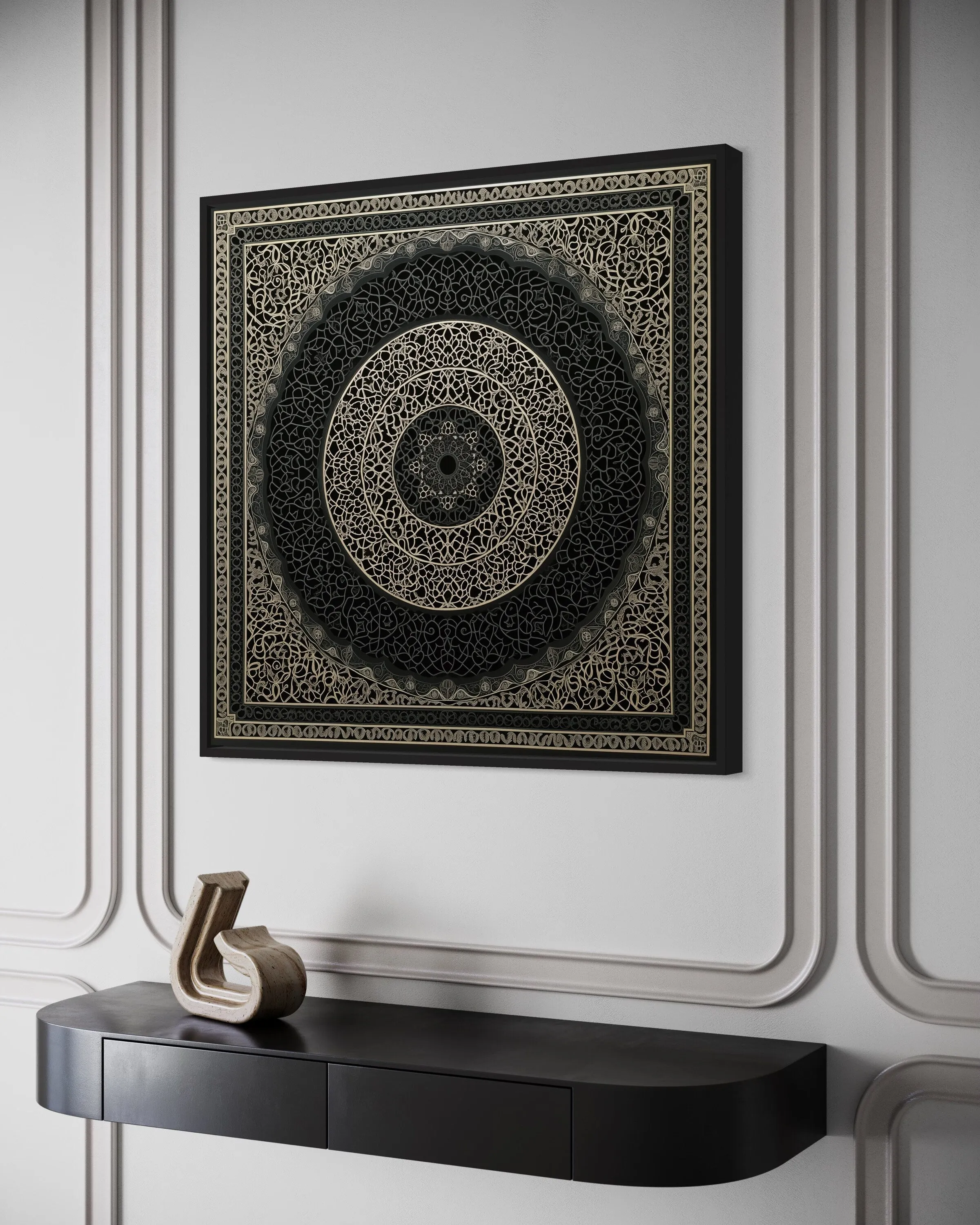 Indian Mandala Boho Black Grey  Framed Canvas Wall Art