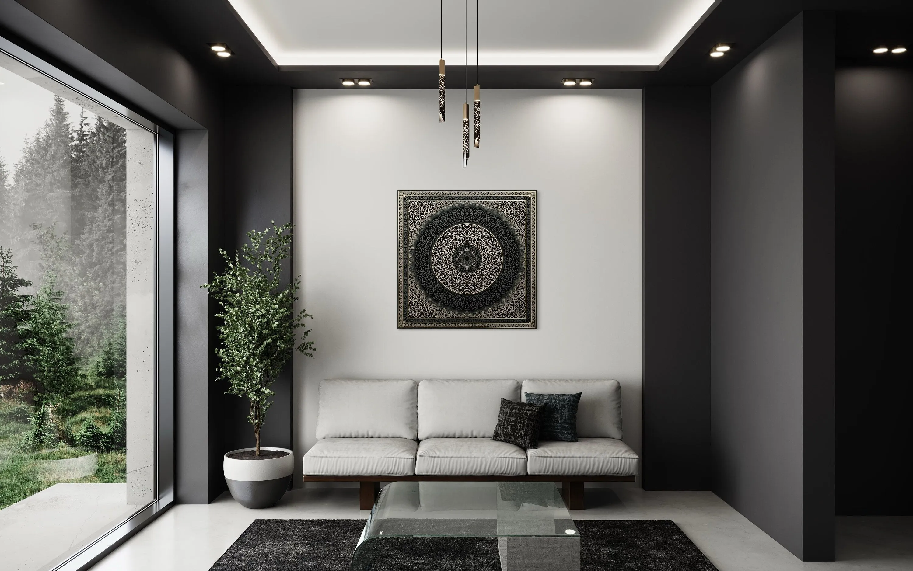 Indian Mandala Boho Black Grey  Framed Canvas Wall Art