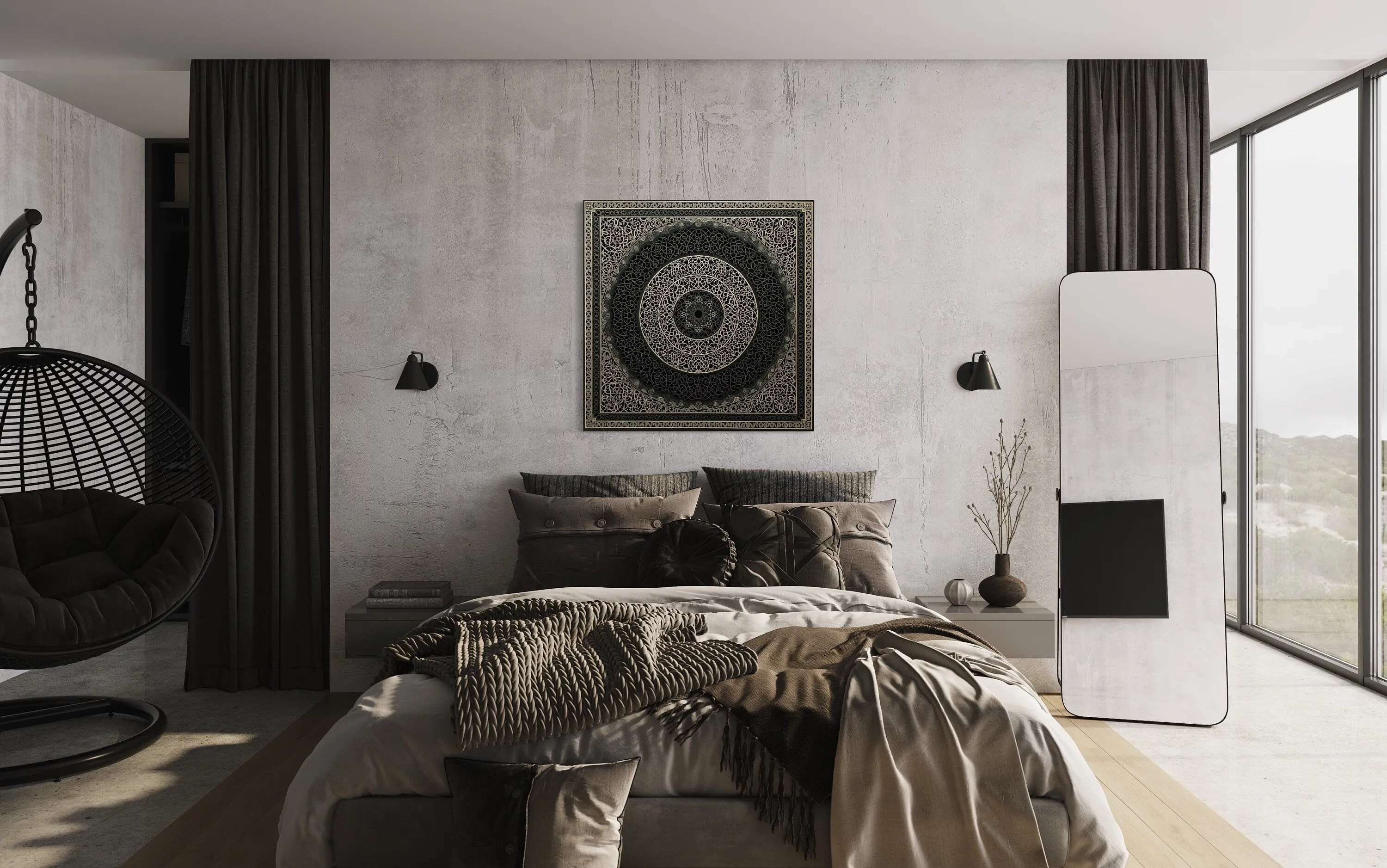 Indian Mandala Boho Black Grey  Framed Canvas Wall Art