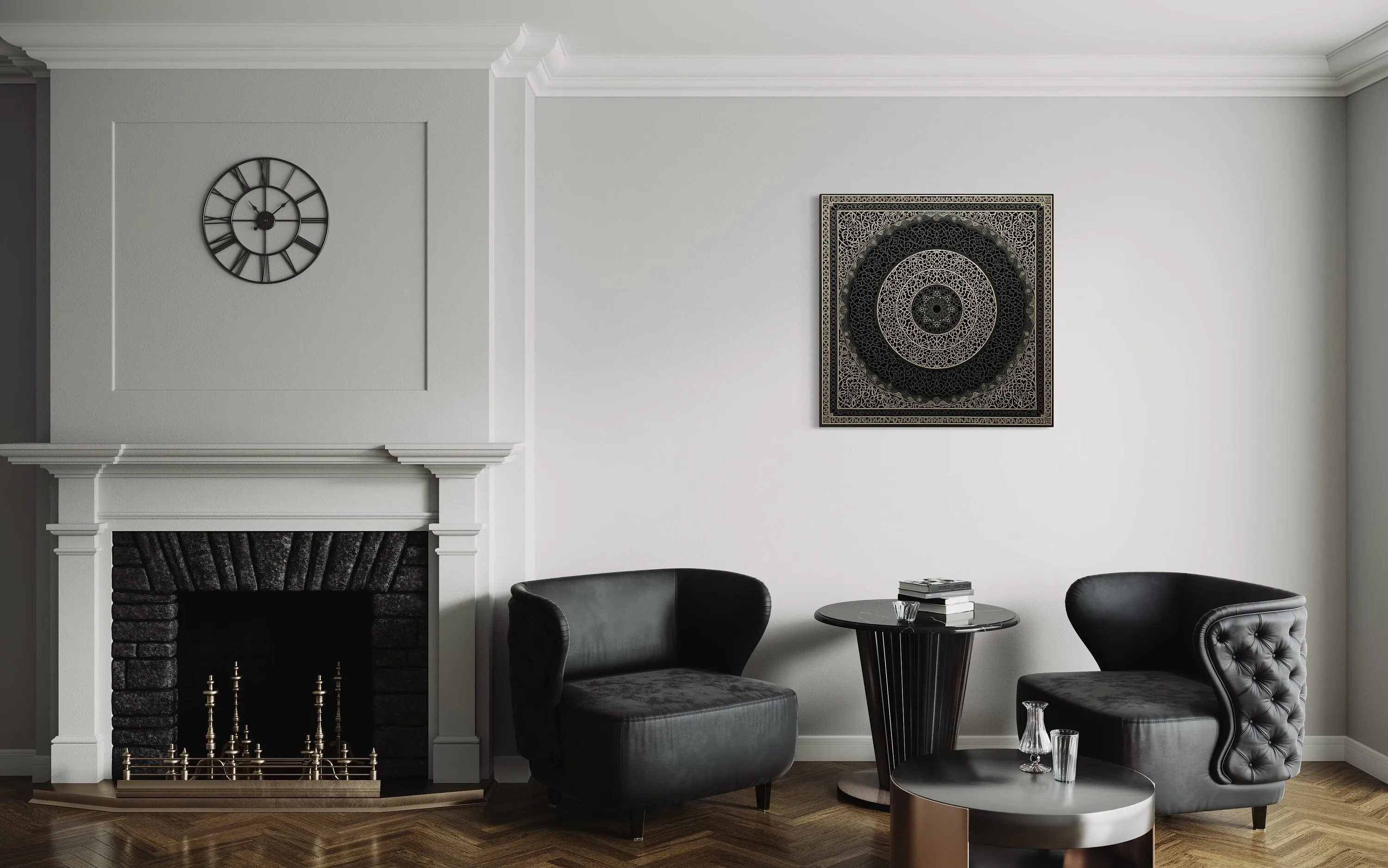 Indian Mandala Boho Black Grey  Framed Canvas Wall Art